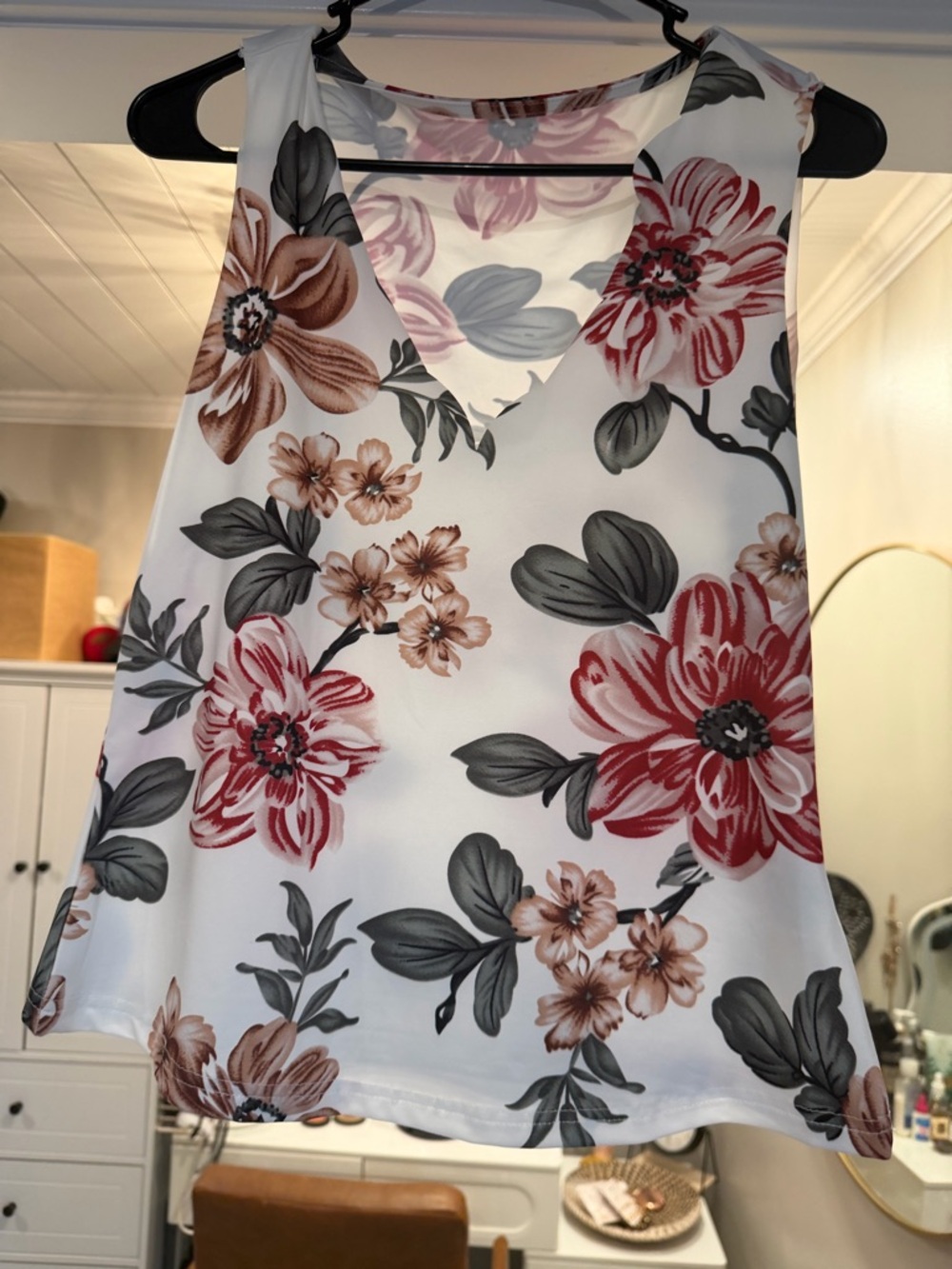 Sleeveless Floral A-Line Skirt - White with Red & Brown Floral